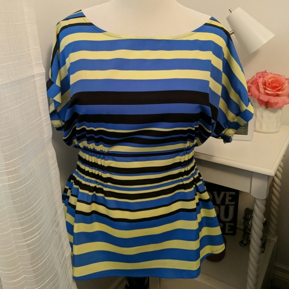 Blue, black, & green blouse.